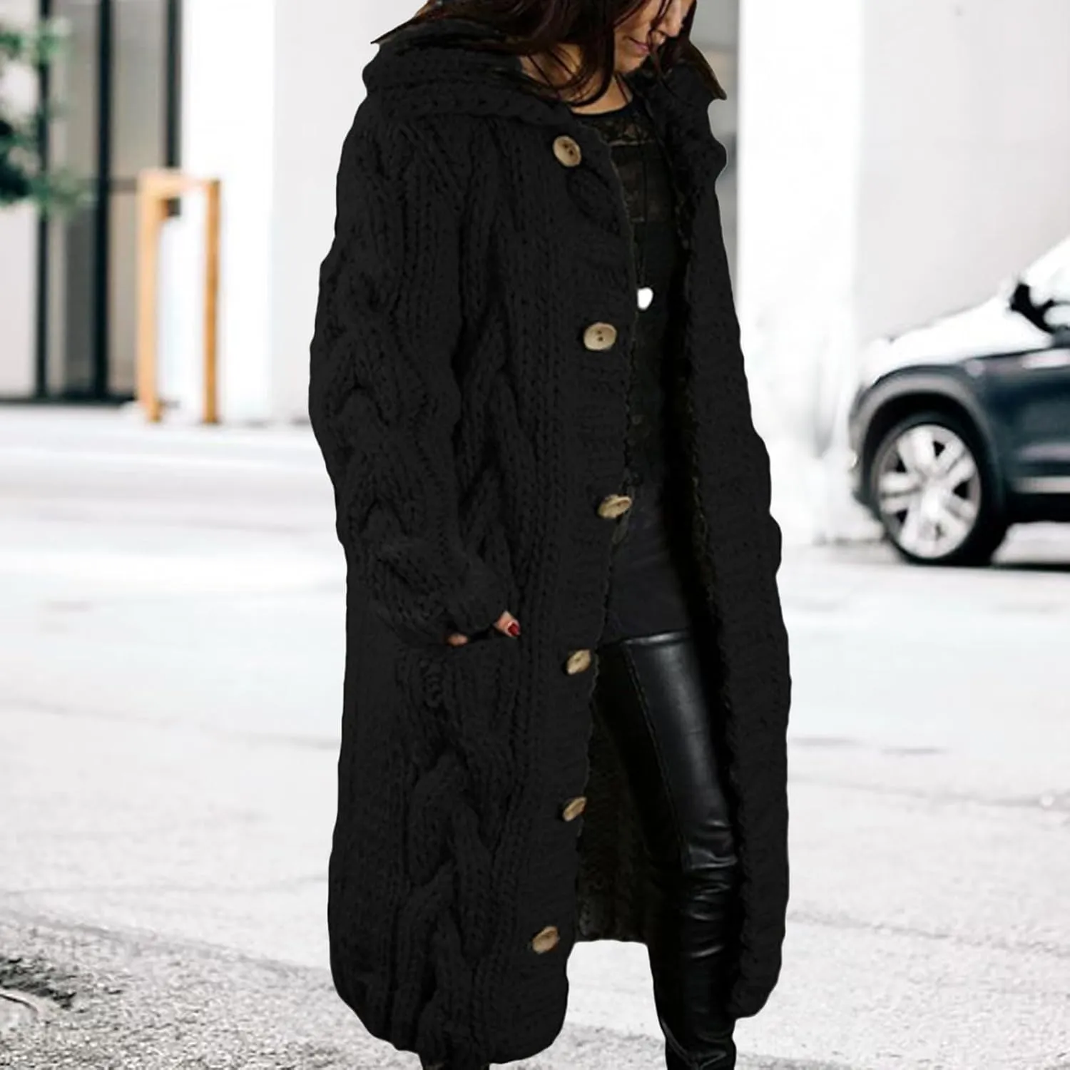 Women's Knitted Plus Size Maxi Hooded Long Cardigans Chunky Cable Thick Sweater Coat Knitted Open Front Cardigan