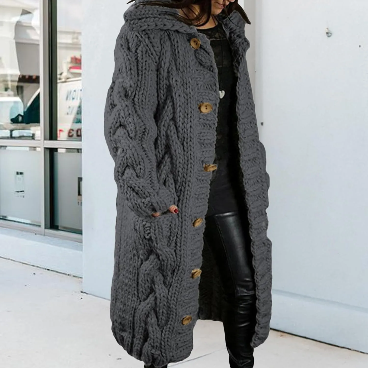 Women's Knitted Plus Size Maxi Hooded Long Cardigans Chunky Cable Thick Sweater Coat Knitted Open Front Cardigan