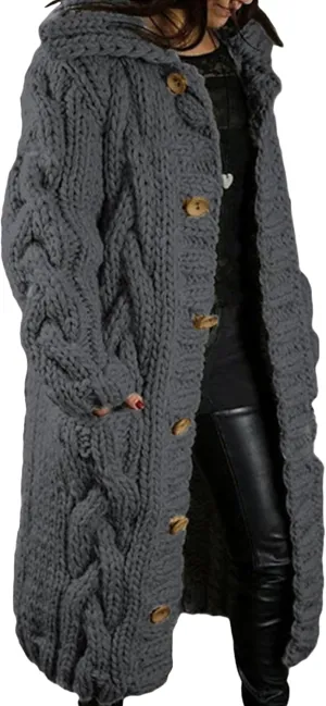 Women's Knitted Plus Size Maxi Hooded Long Cardigans Chunky Cable Thick Sweater Coat Knitted Open Front Cardigan