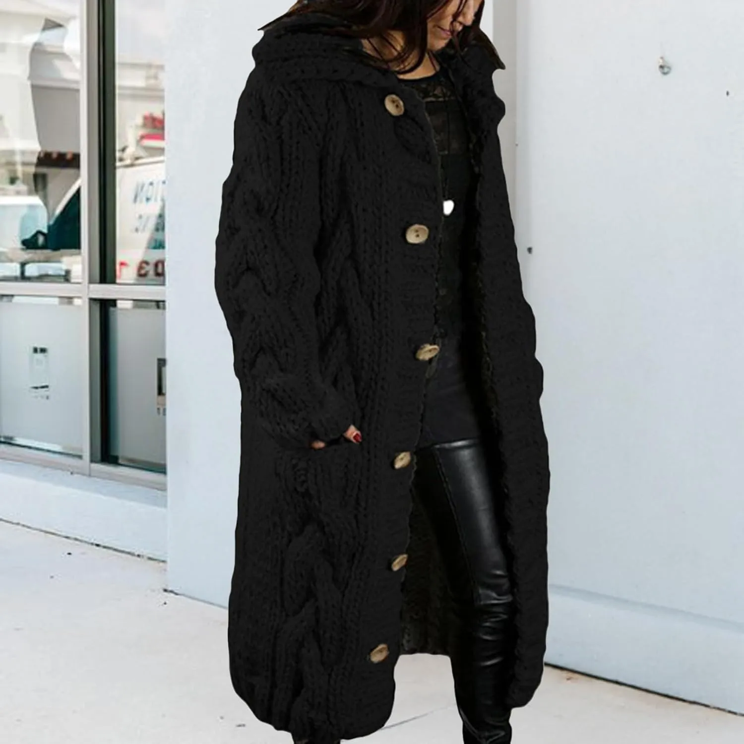 Women's Knitted Plus Size Maxi Hooded Long Cardigans Chunky Cable Thick Sweater Coat Knitted Open Front Cardigan