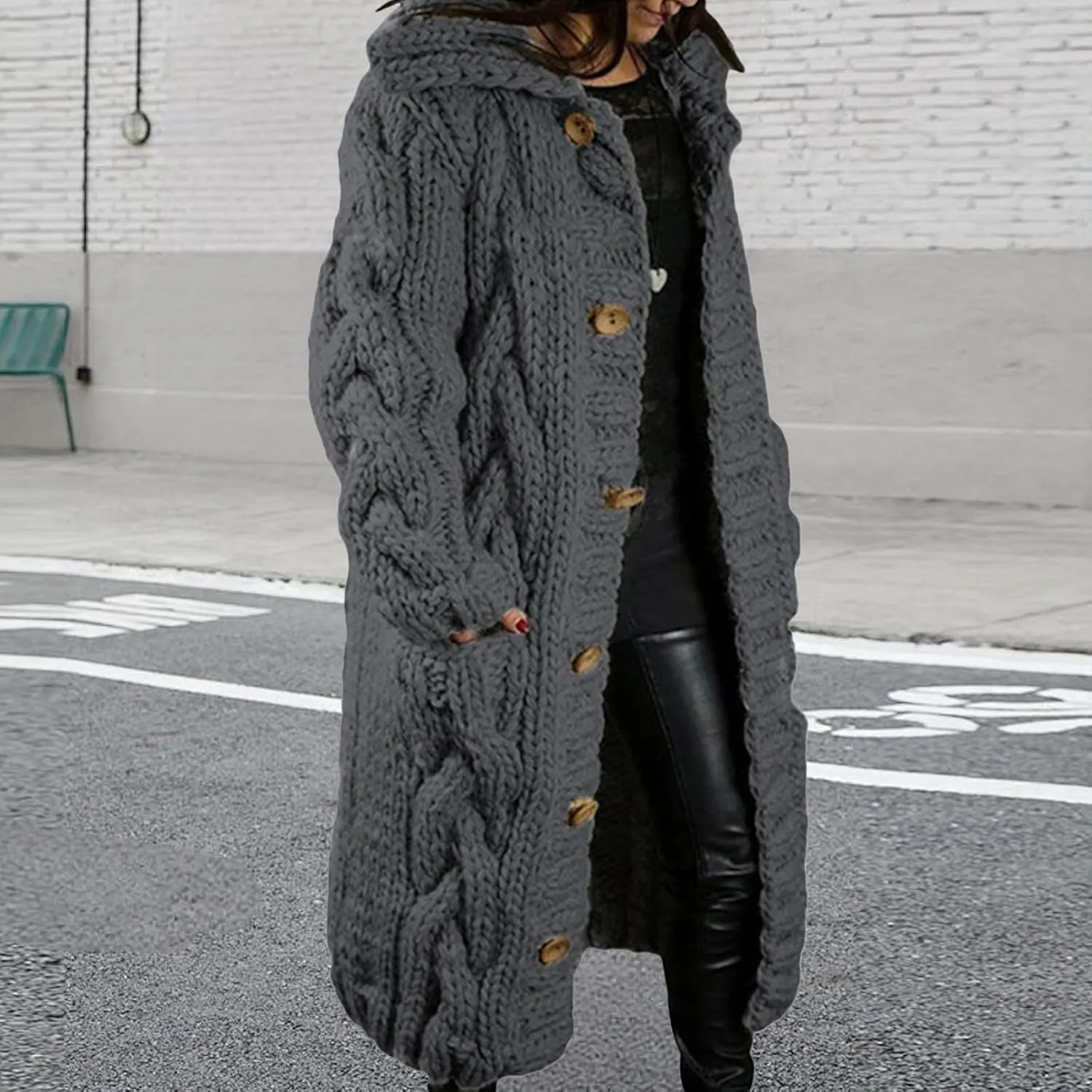 Women's Knitted Plus Size Maxi Hooded Long Cardigans Chunky Cable Thick Sweater Coat Knitted Open Front Cardigan