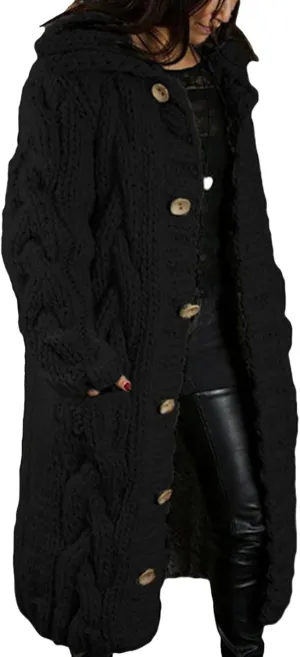 Women's Knitted Plus Size Maxi Hooded Long Cardigans Chunky Cable Thick Sweater Coat Knitted Open Front Cardigan