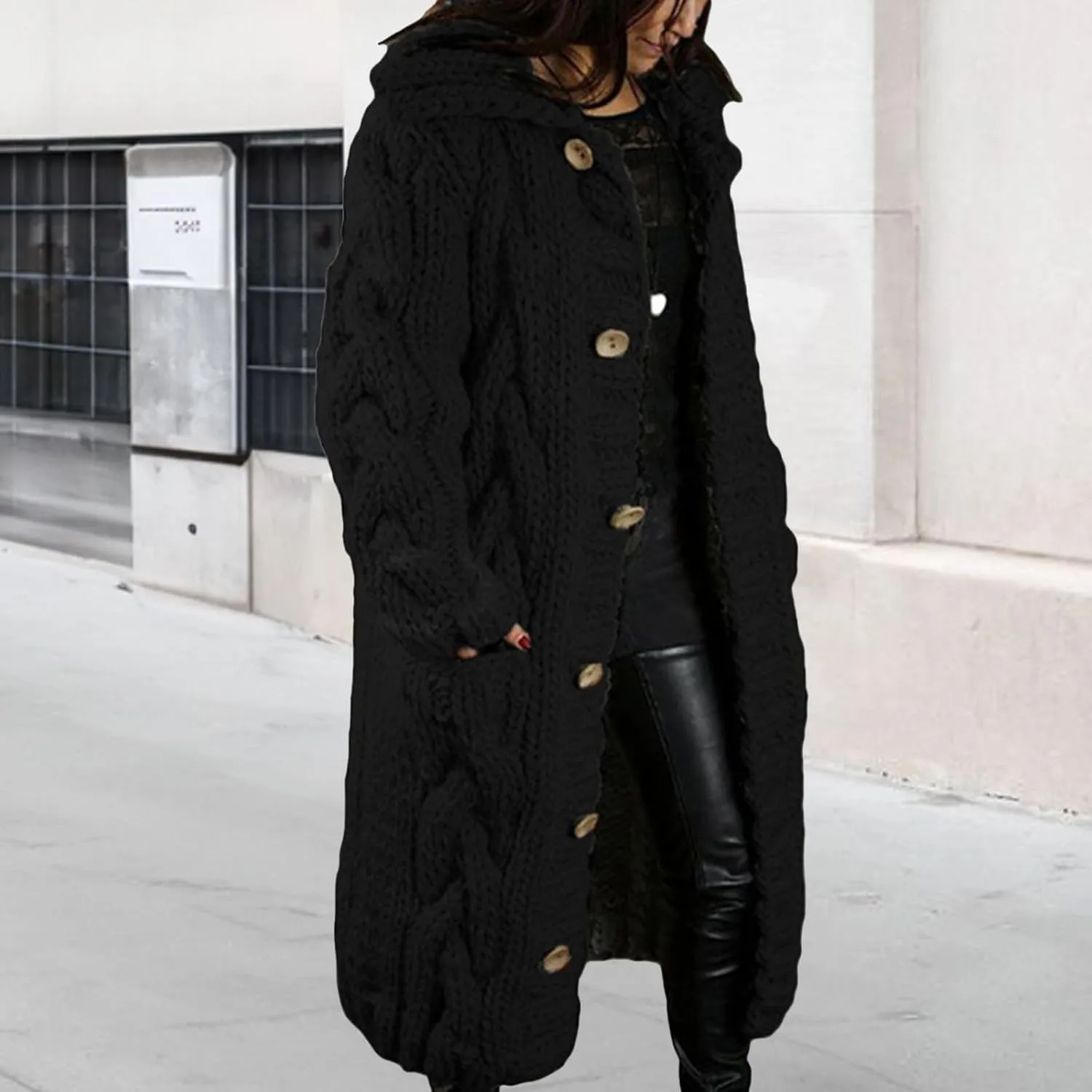 Women's Knitted Plus Size Maxi Hooded Long Cardigans Chunky Cable Thick Sweater Coat Knitted Open Front Cardigan