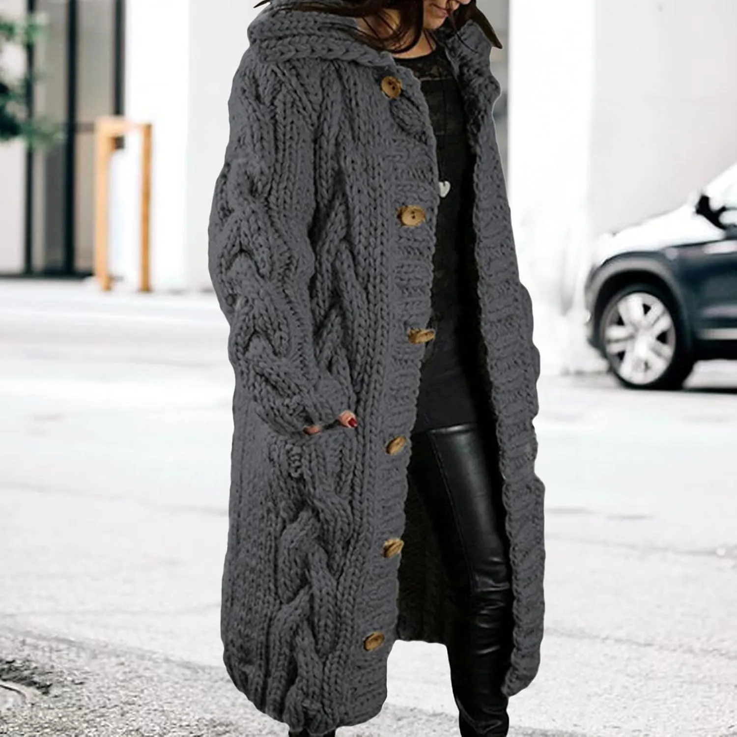 Women's Knitted Plus Size Maxi Hooded Long Cardigans Chunky Cable Thick Sweater Coat Knitted Open Front Cardigan