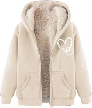 Womens Lamb Fleece Zip Up Hoodie Trendy Letter Printted Thick Thermal Jacket Long Sleeve Going Out Y2K Athletic Coats