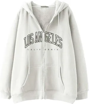 Women's Letter Print Sweatshirts Long Sleeve Zip Up Oversized Hoodie Casual Graphic Sporty Aesthetic Tops with Pockets