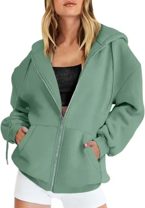 Womens Lightweight Full Zip Up Hoodie Trendy Vacation Outdoor Y2K Streetwear Baggy Cozy Long Sleeve Solid Casual Coat