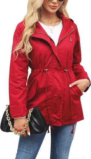 Women's Ligtweight Jackets Anorak Utility Drawstring Waist Hoodie Zip Up Fall Casual Coat with Pockets