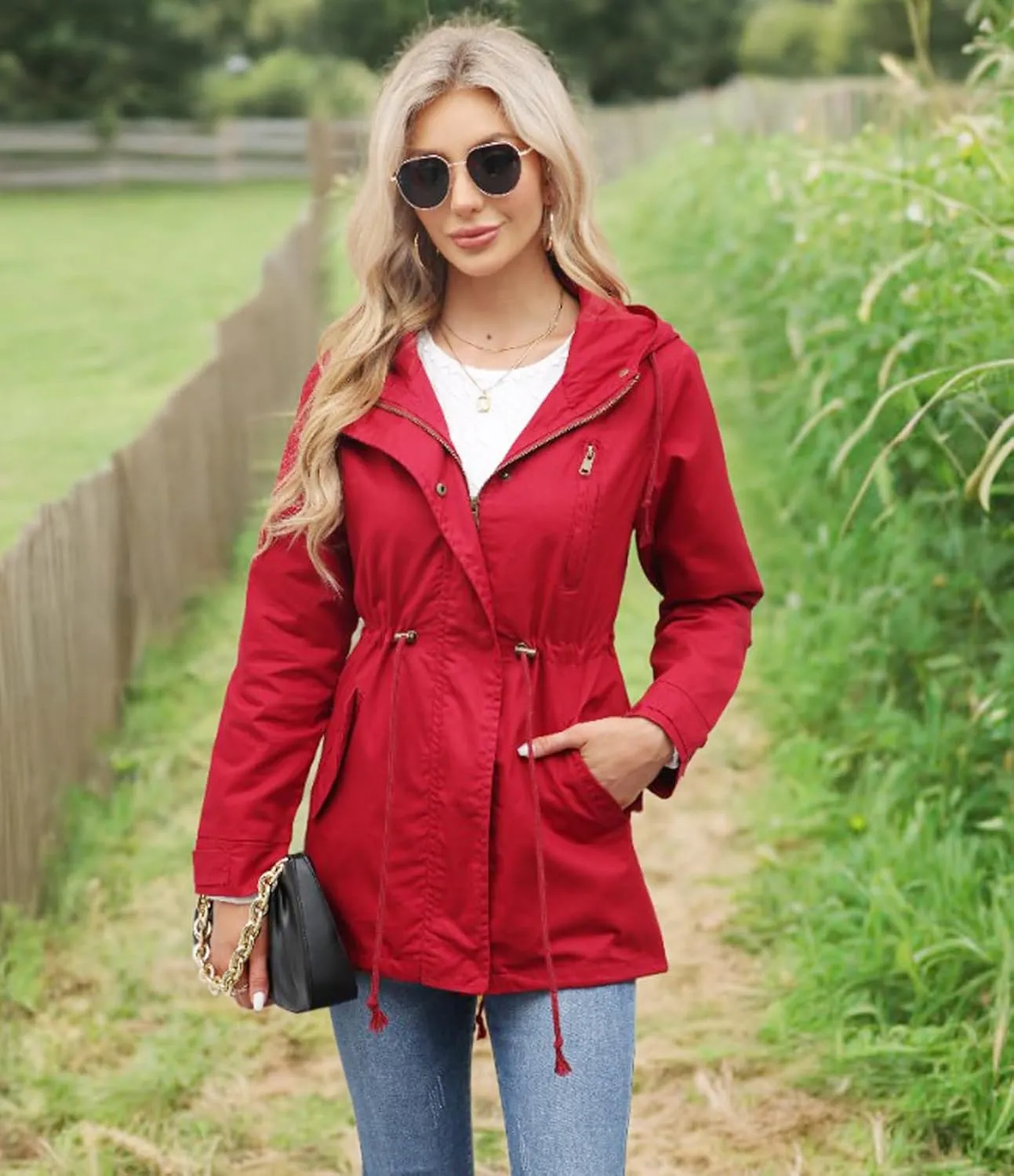 Women's Ligtweight Jackets Anorak Utility Drawstring Waist Hoodie Zip Up Fall Casual Coat with Pockets