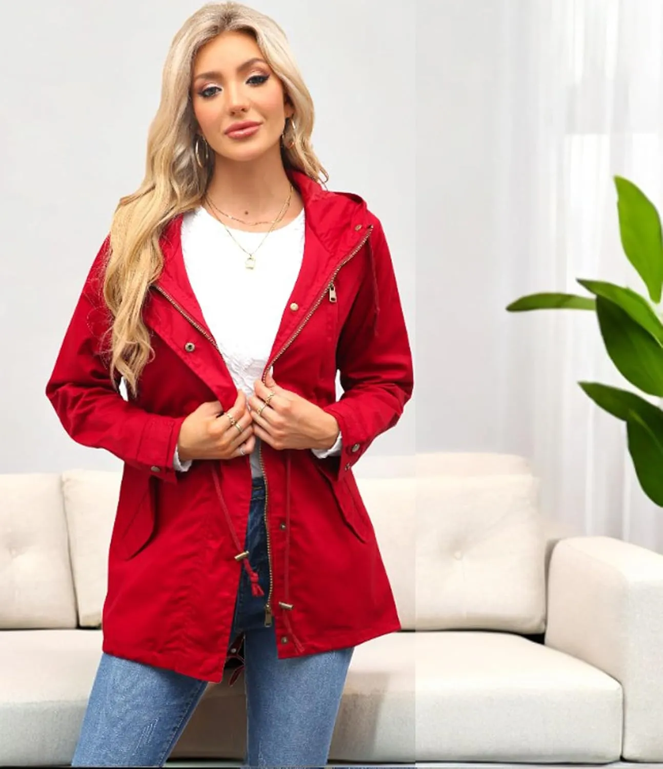 Women's Ligtweight Jackets Anorak Utility Drawstring Waist Hoodie Zip Up Fall Casual Coat with Pockets
