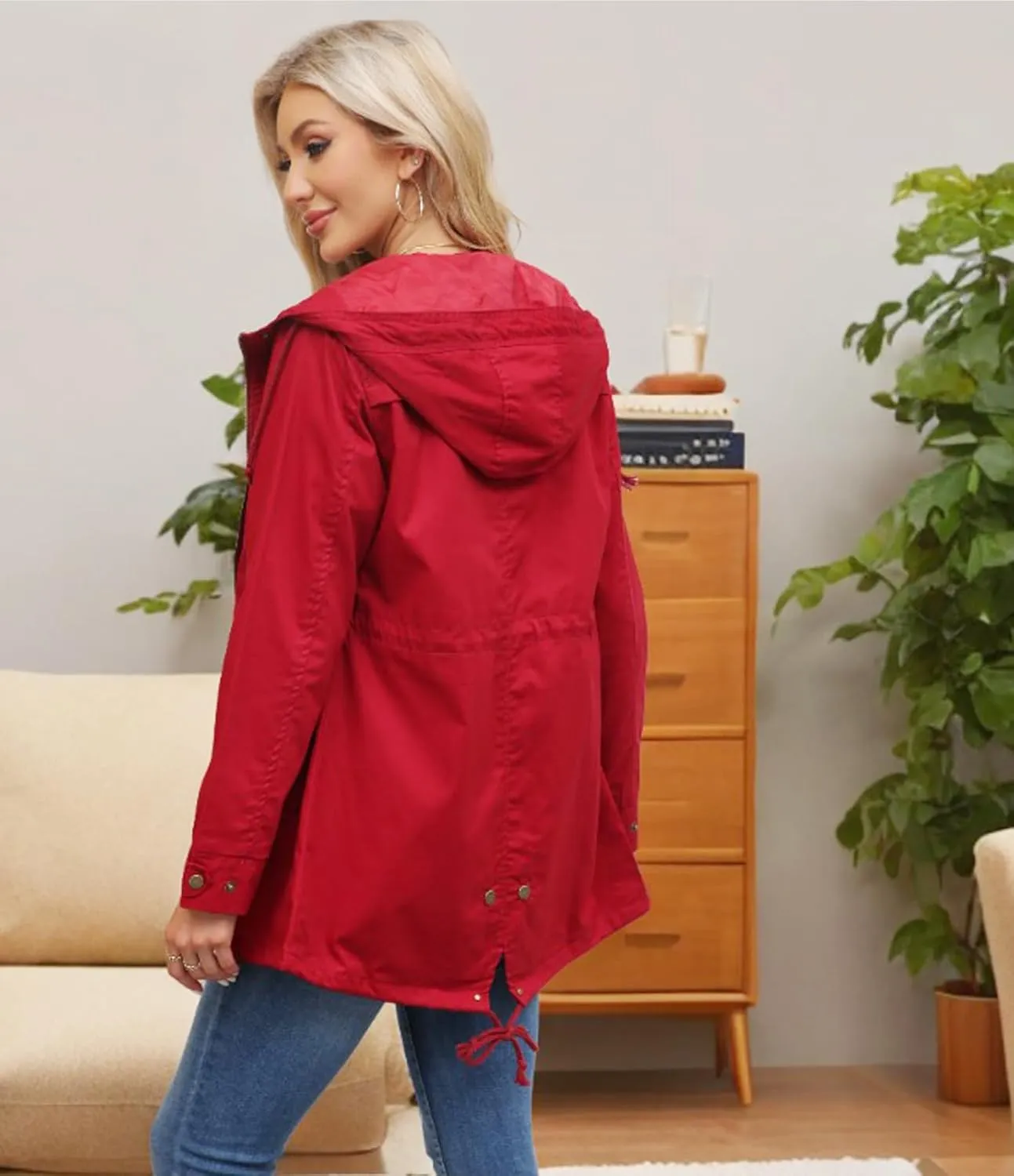 Women's Ligtweight Jackets Anorak Utility Drawstring Waist Hoodie Zip Up Fall Casual Coat with Pockets