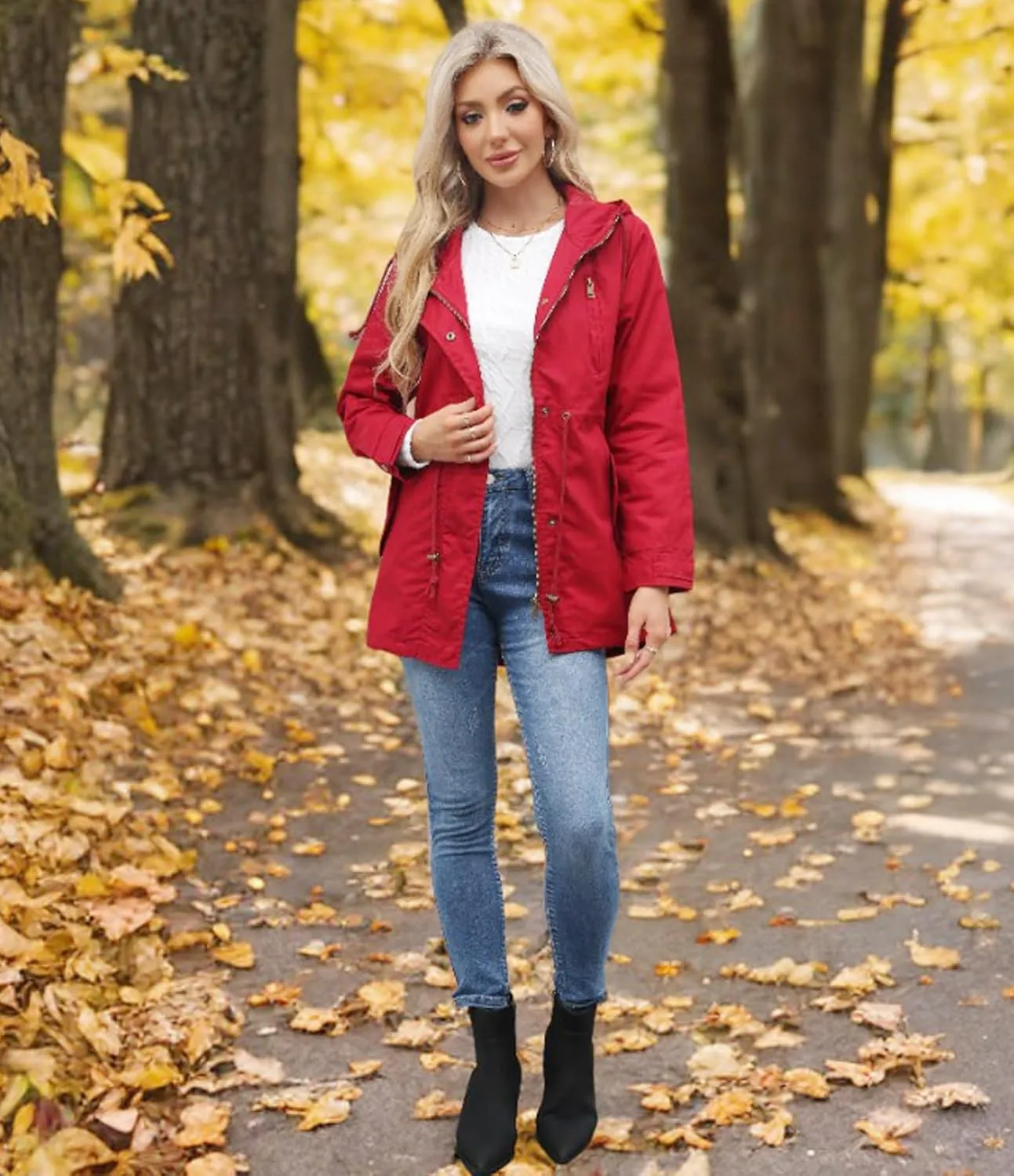Women's Ligtweight Jackets Anorak Utility Drawstring Waist Hoodie Zip Up Fall Casual Coat with Pockets