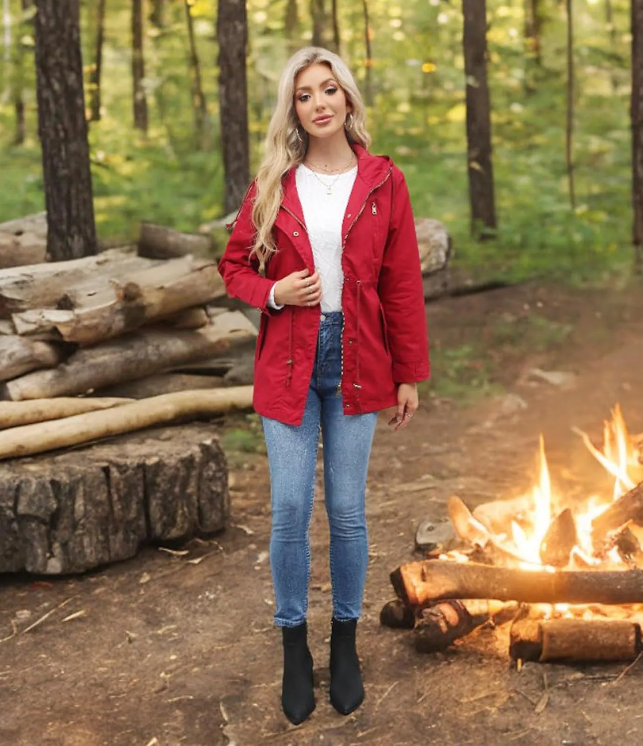 Women's Ligtweight Jackets Anorak Utility Drawstring Waist Hoodie Zip Up Fall Casual Coat with Pockets