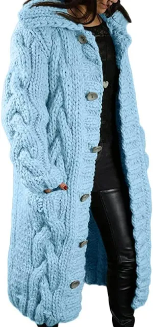 Womens Long Cardigan Open Front Duster Sweater Long Sleeve Chunky Cable Knit Plus Size Hooded Coatigan for Women