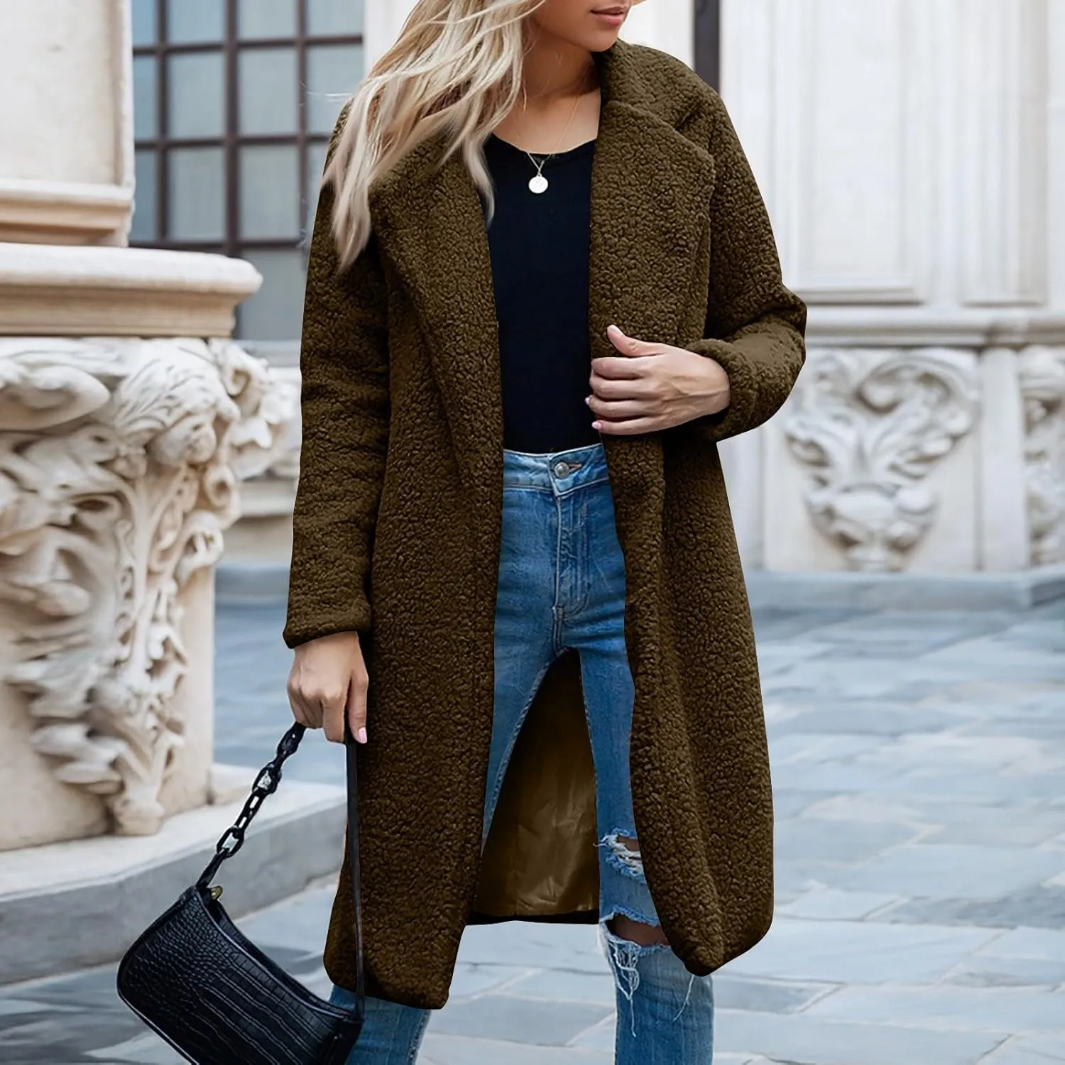 Women's Long Flannel Plaid Jacket Shacket Cozy Lapel Button Down Shirt Jacket Trench Coat Fur Warm Winter Outwear