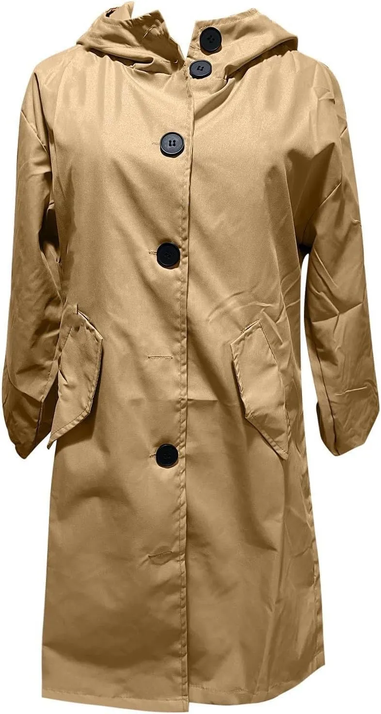 Womens Long Jacket Coats Button Notch Lapel Outdoor Trench Coat Oversized Winter Hooded Waterproof Rain Coats Outwear