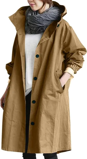 Womens Long Jacket Coats Button Notch Lapel Outdoor Trench Coat Oversized Winter Hooded Waterproof Rain Coats Outwear
