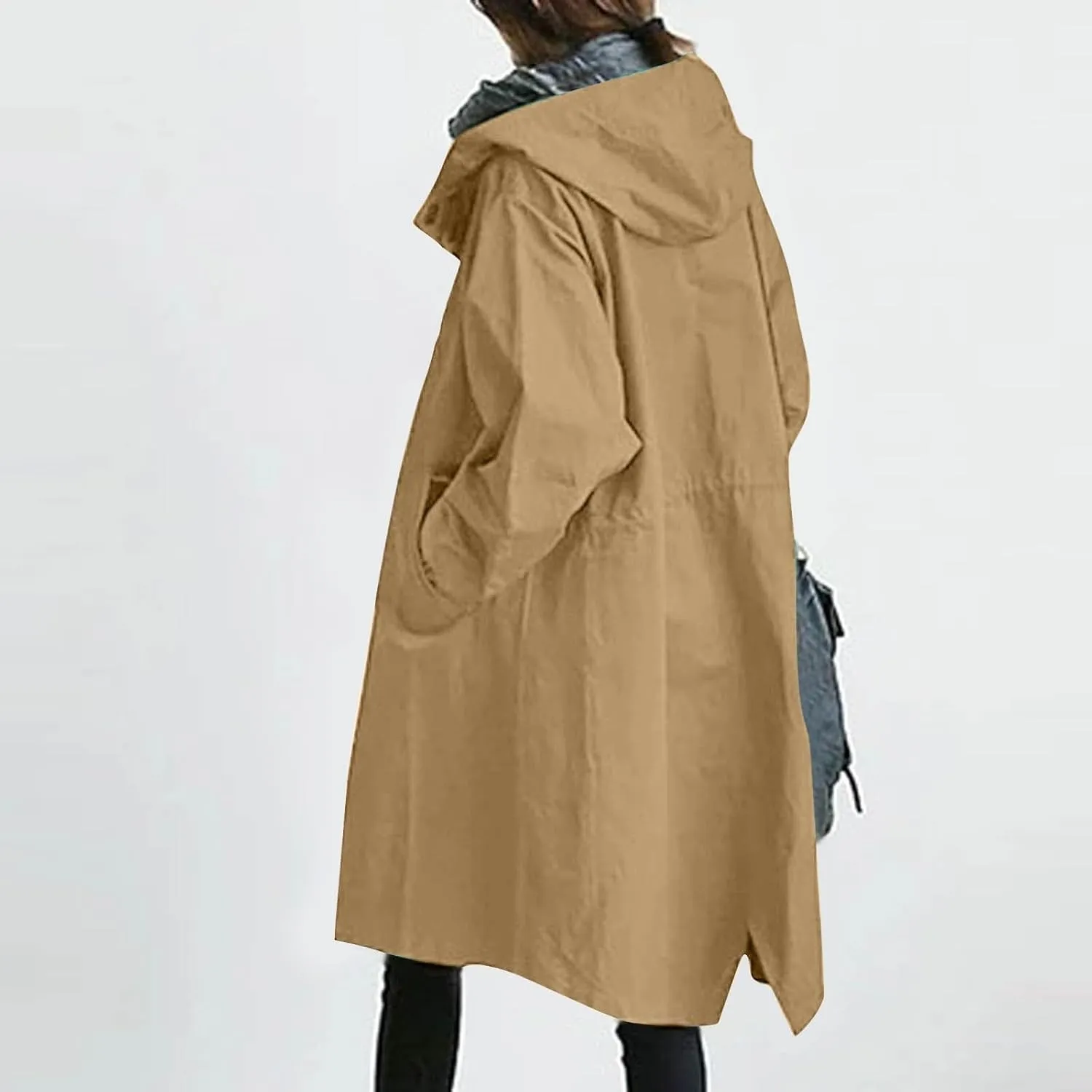 Womens Long Jacket Coats Button Notch Lapel Outdoor Trench Coat Oversized Winter Hooded Waterproof Rain Coats Outwear