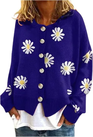 Womens Long Sleeve Button Comfy Sweater Cute Flower Graphic Cardigan Button Trendy Open Front Fall Clothes