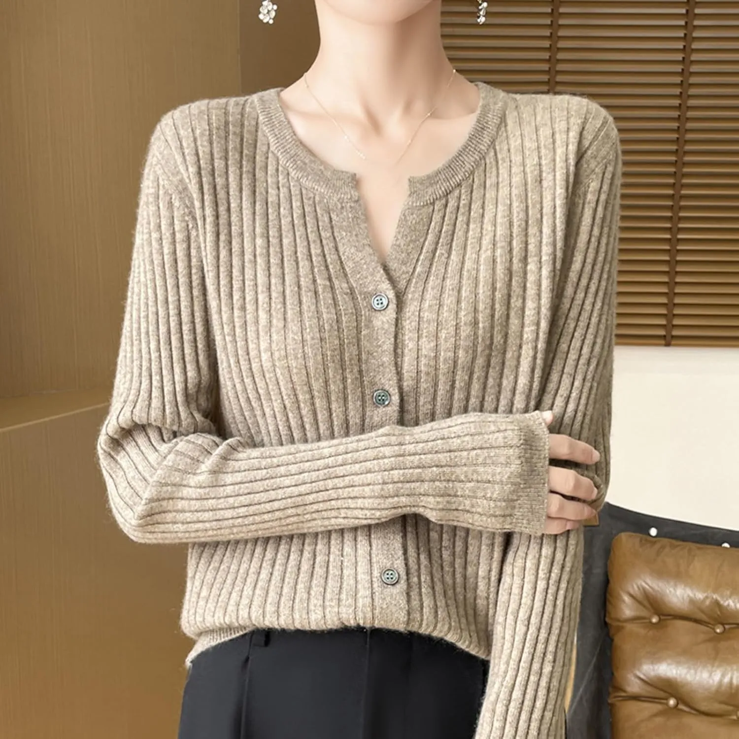 Women's Long Sleeve Button Down V Neck Classic Sweater Knit Lightweight Casual Cardigan Trendy Office Work Blouses