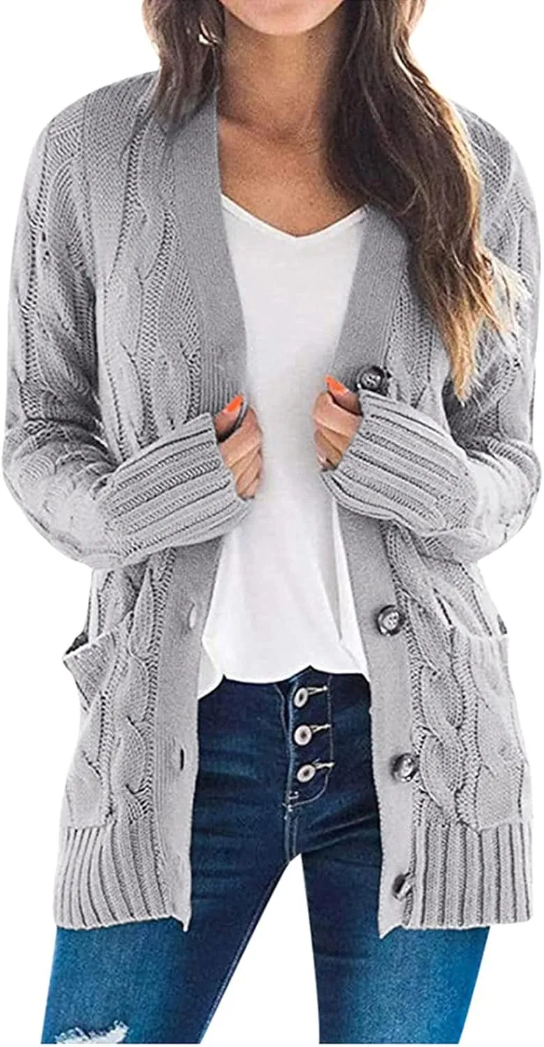 Womens Long Sleeve Cable Knit Cardigan Button Down Open Front Sweater Outerwear Fall Winter Chunky Coats