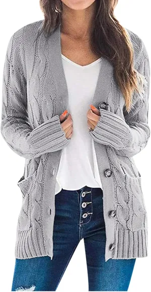 Womens Long Sleeve Cable Knit Cardigan Button Down Open Front Sweater Outerwear Fall Winter Chunky Coats