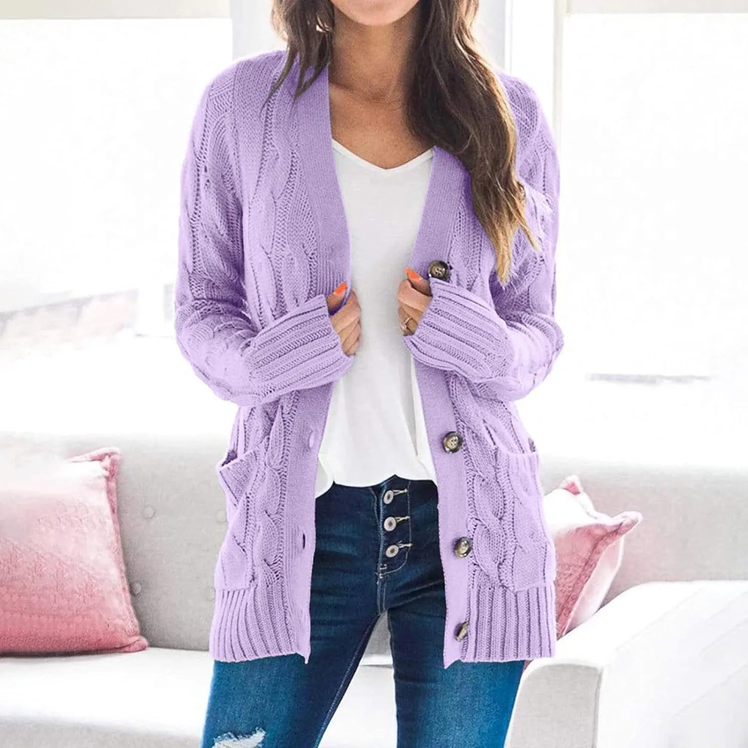 Womens Long Sleeve Cable Knit Cardigan Button Down Open Front Sweater Outerwear Fall Winter Chunky Coats