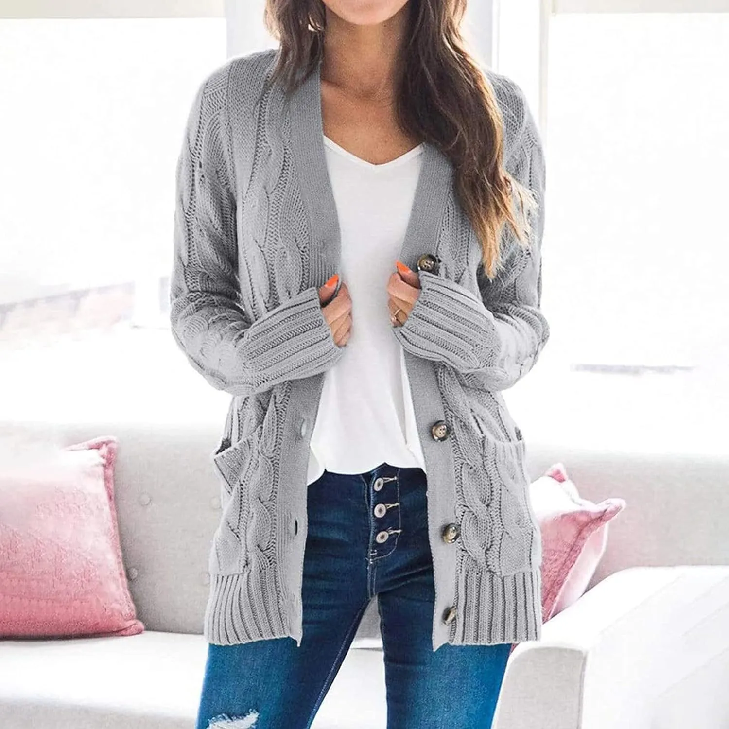 Womens Long Sleeve Cable Knit Cardigan Button Down Open Front Sweater Outerwear Fall Winter Chunky Coats