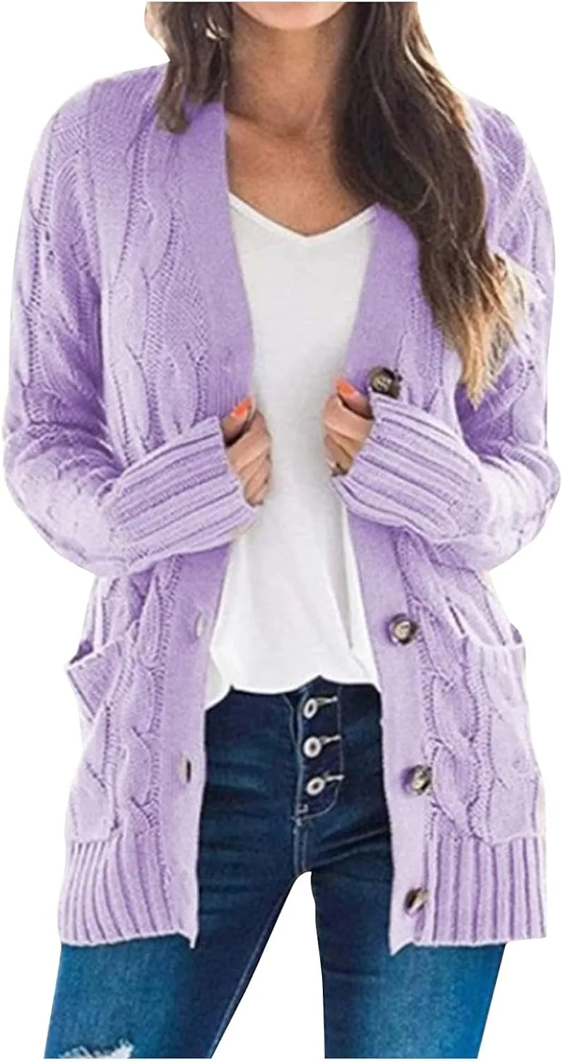 Womens Long Sleeve Cable Knit Cardigan Button Down Open Front Sweater Outerwear Fall Winter Chunky Coats