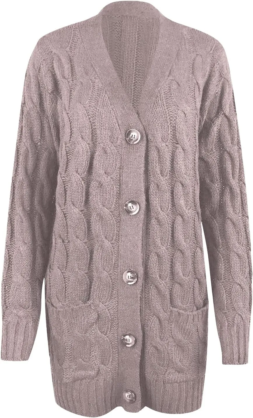 Womens Long Sleeve Cable Knit Cardigan Button Down Open Front Sweater Outerwear Fall Winter Chunky Coats