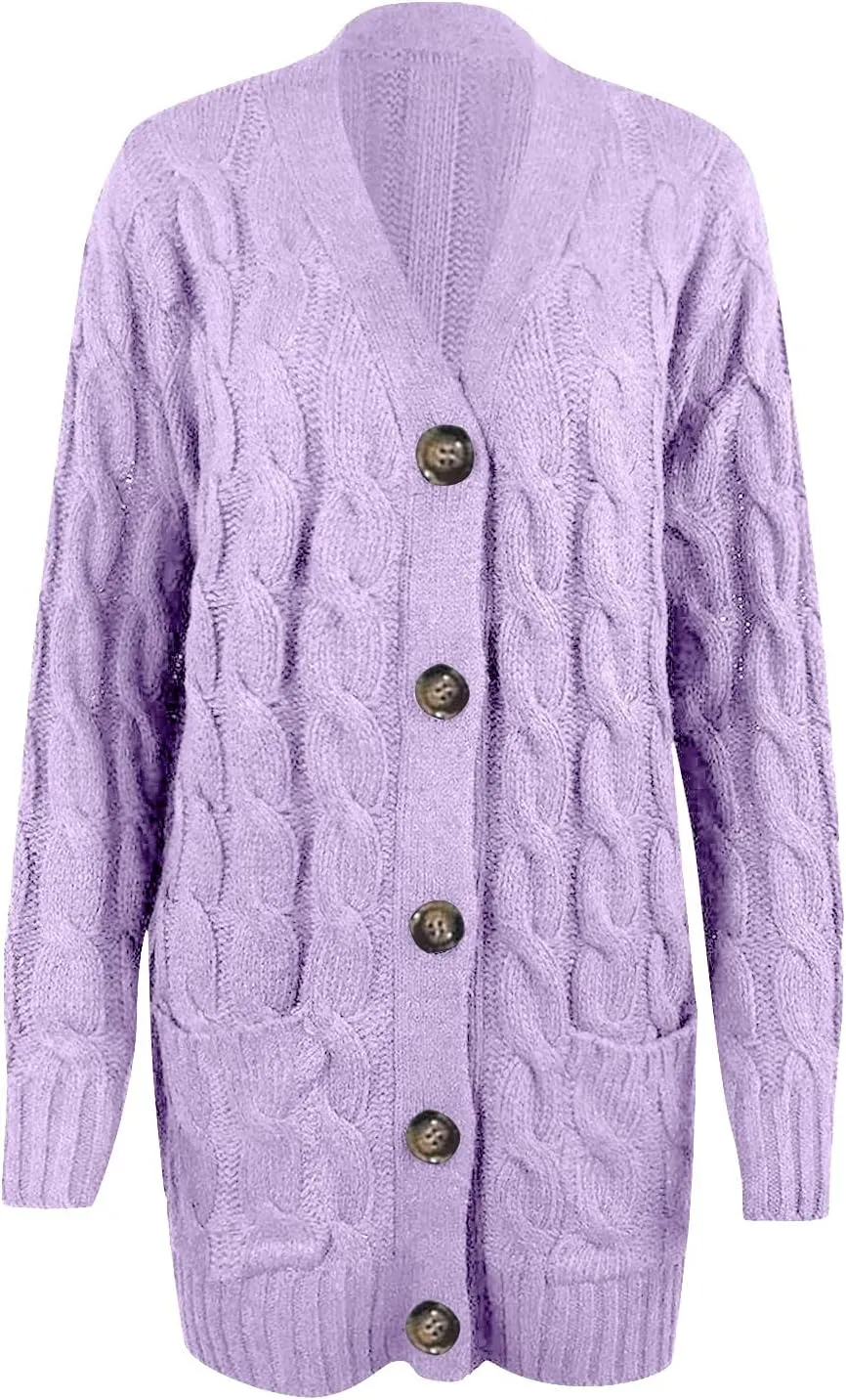Womens Long Sleeve Cable Knit Cardigan Button Down Open Front Sweater Outerwear Fall Winter Chunky Coats
