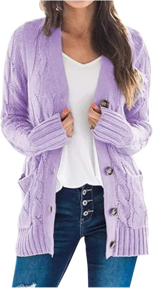 Womens Long Sleeve Cable Knit Cardigan Button Down Open Front Sweater Outerwear Fall Winter Chunky Coats