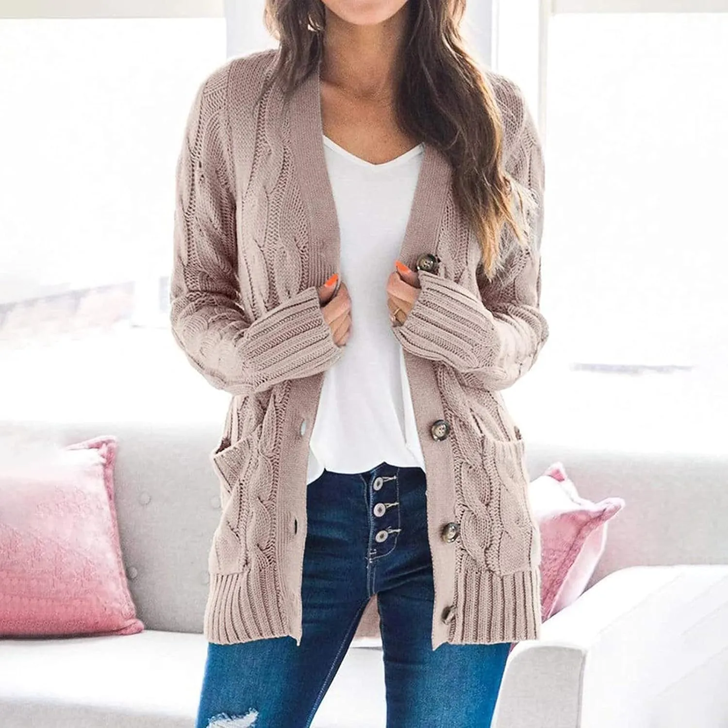 Womens Long Sleeve Cable Knit Cardigan Button Down Open Front Sweater Outerwear Fall Winter Chunky Coats