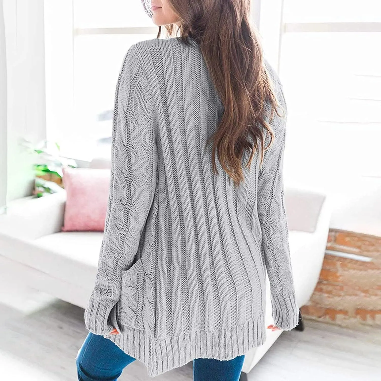 Womens Long Sleeve Cable Knit Cardigan Button Down Open Front Sweater Outerwear Fall Winter Chunky Coats