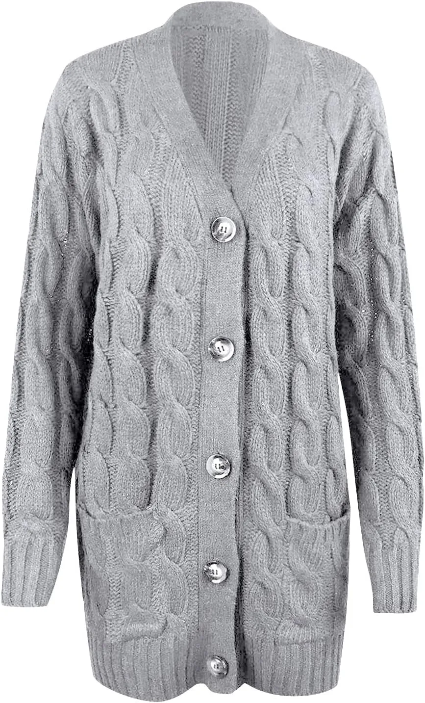Womens Long Sleeve Cable Knit Cardigan Button Down Open Front Sweater Outerwear Fall Winter Chunky Coats