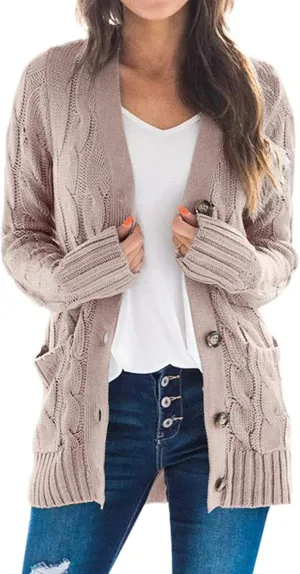 Womens Long Sleeve Cable Knit Cardigan Button Down Open Front Sweater Outerwear Fall Winter Chunky Coats