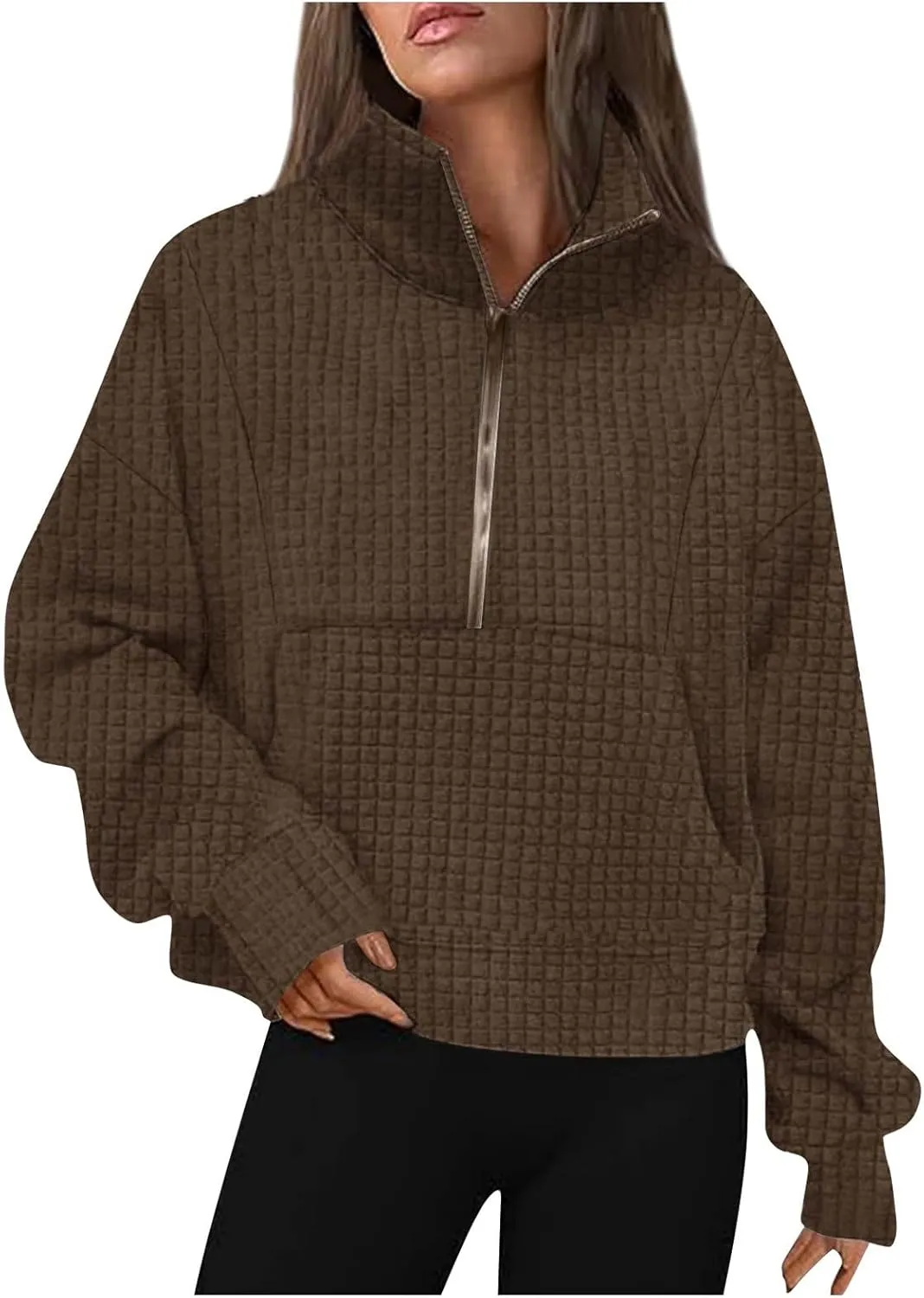 Women's Long Sleeve Casual Lapel Pullover Half Zip Sweatshirts Cropped Plaid Hoodies With Pocket Fall Trendy Outfits