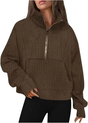Women's Long Sleeve Casual Lapel Pullover Half Zip Sweatshirts Cropped Plaid Hoodies With Pocket Fall Trendy Outfits