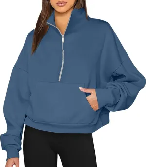 Womens Long Sleeve Half Zip Pullover Hoodies Solid Color Fall Winter Trendy Outfits With Pockets Loose Sweatshirts