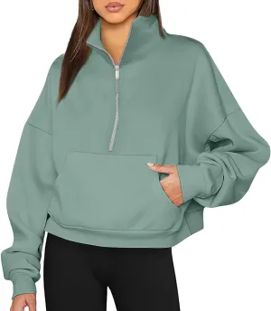 Womens Long Sleeve Half Zip Pullover Hoodies Solid Color Fall Winter Trendy Outfits With Pockets Loose Sweatshirts