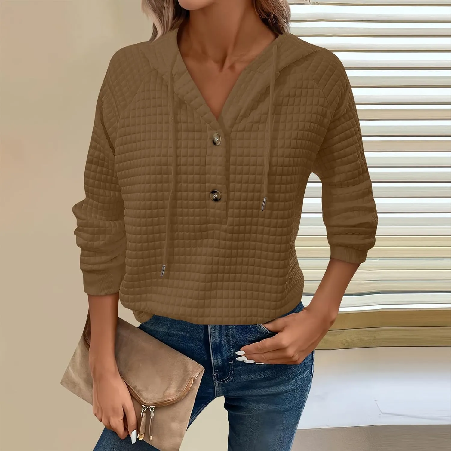 Womens Long Sleeve Hoodies 2024 Drawstring Sweatshirt Loose Button Comfy V-Neck Top Dressy Daily Clothes