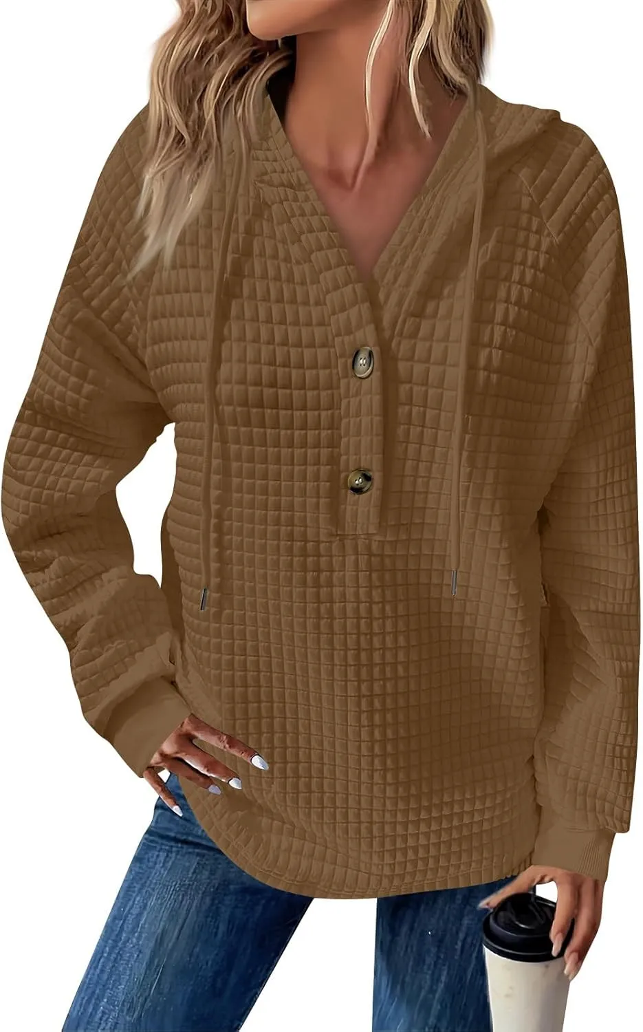 Womens Long Sleeve Hoodies 2024 Drawstring Sweatshirt Loose Button Comfy V-Neck Top Dressy Daily Clothes