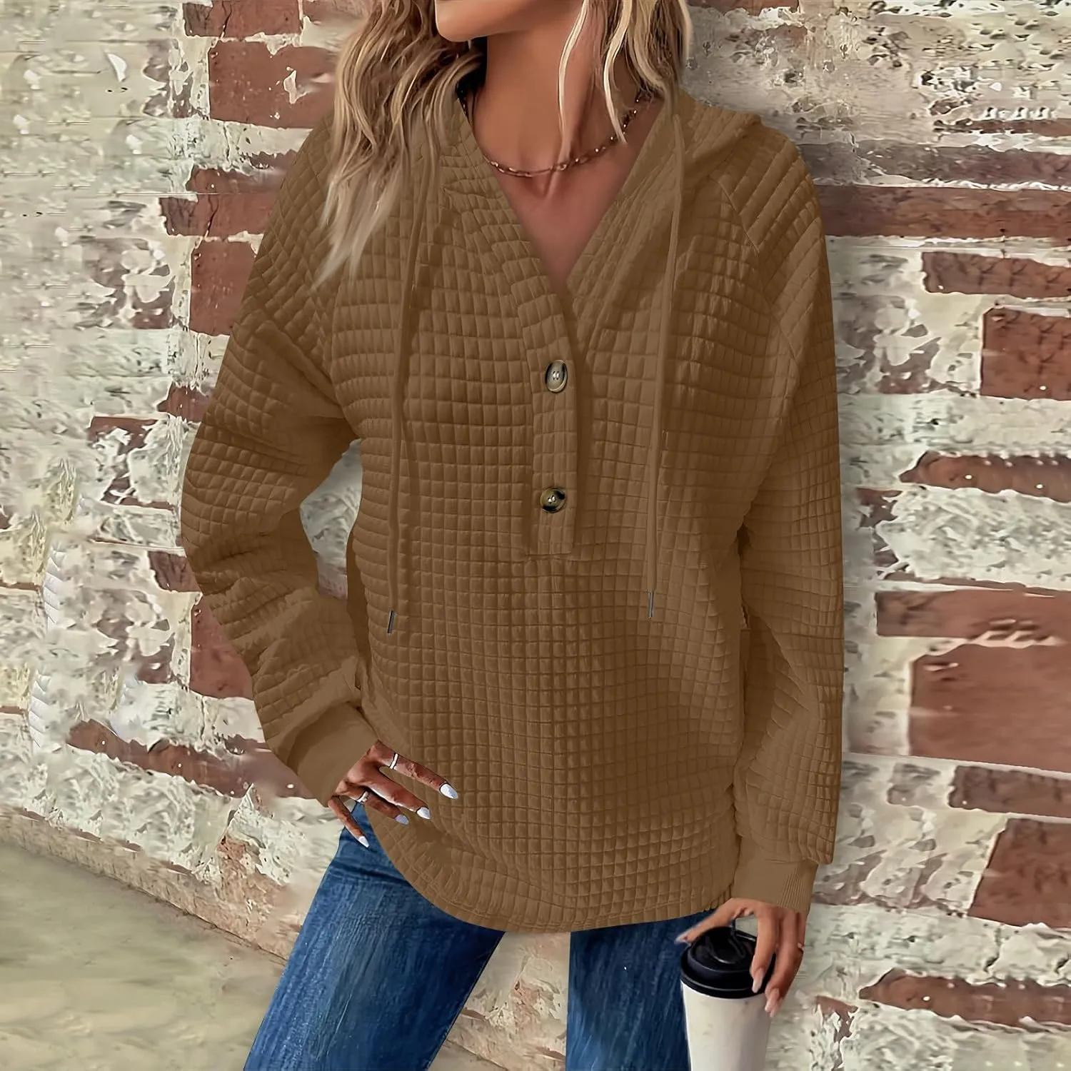 Womens Long Sleeve Hoodies 2024 Drawstring Sweatshirt Loose Button Comfy V-Neck Top Dressy Daily Clothes