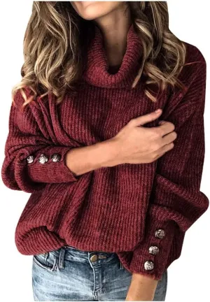 Women's Long Sleeve Turtleneck Cozy Knit Sweater Casual Loose Pullover Jumper Tops