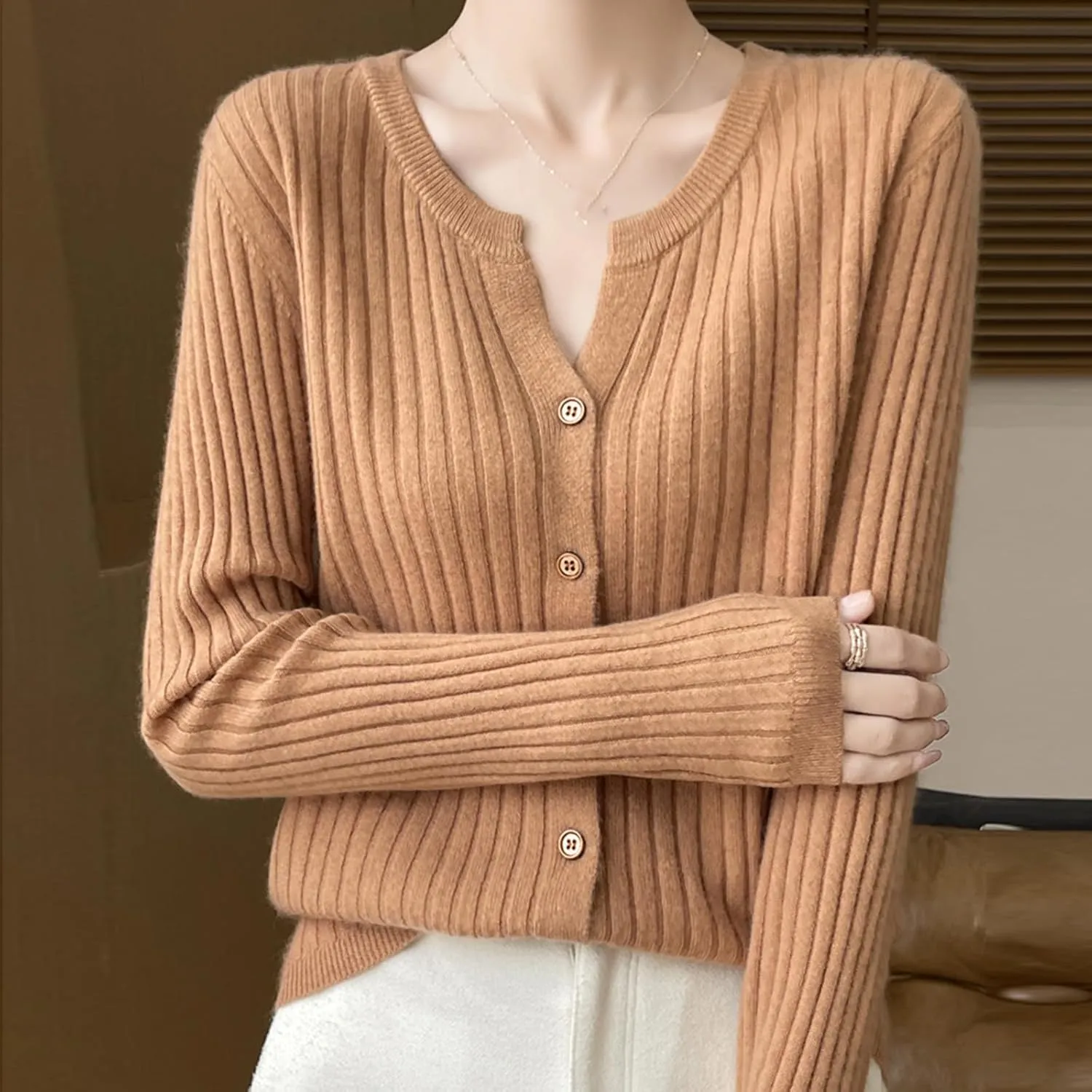 Women's Long Sleeve V Neck Button Down Knit Cardigan Classic Solid Color Sweaters Basic Warm Tops Spring Fall 2024