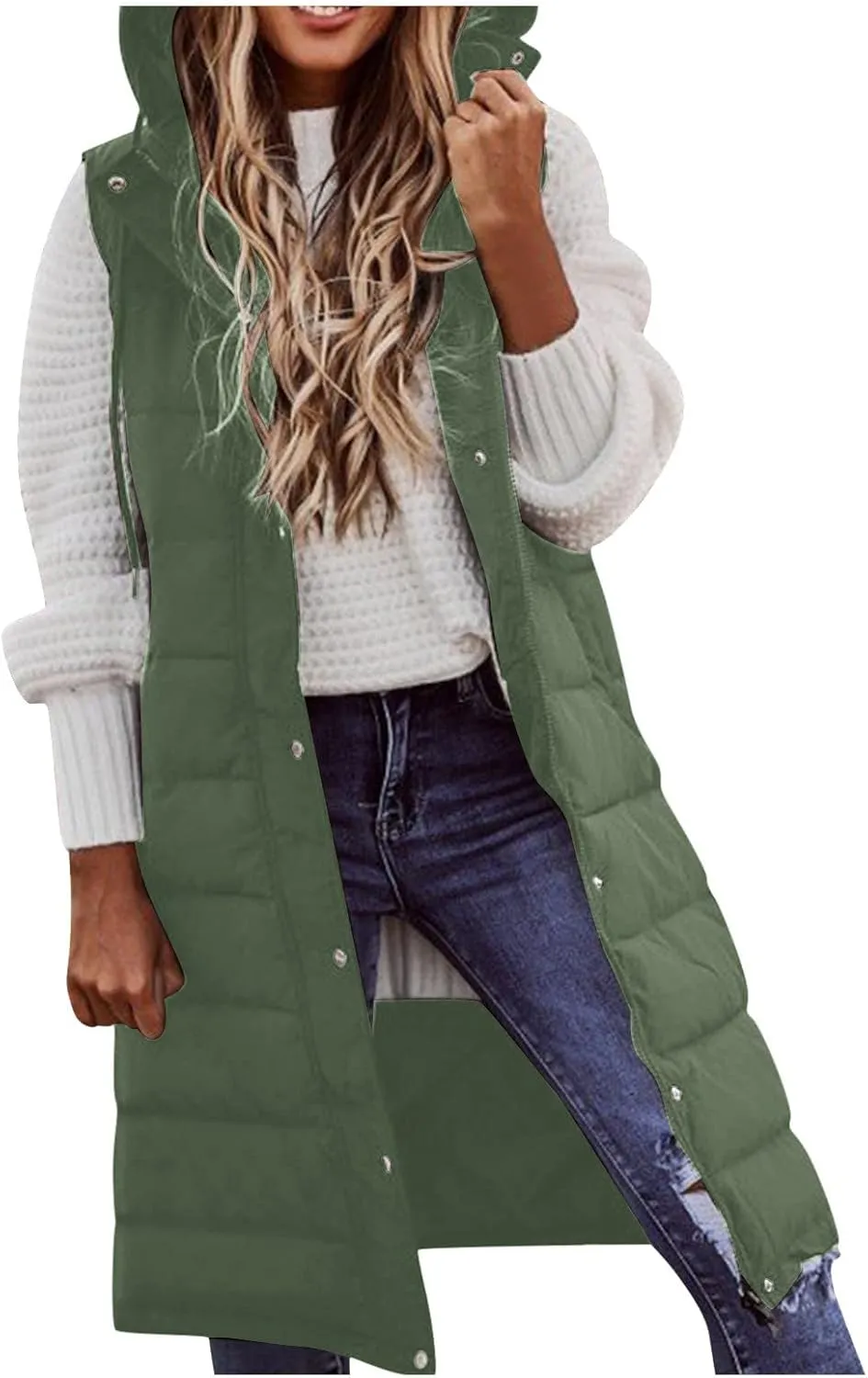 Womens Long Winter Coat Vest with Hood Trendy Sleeveless Button Zipper Puffer Jacket 2024 Fashion Daily Quilted Coats