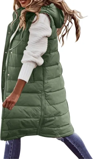Womens Long Winter Coat Vest with Hood Trendy Sleeveless Button Zipper Puffer Jacket 2024 Fashion Daily Quilted Coats
