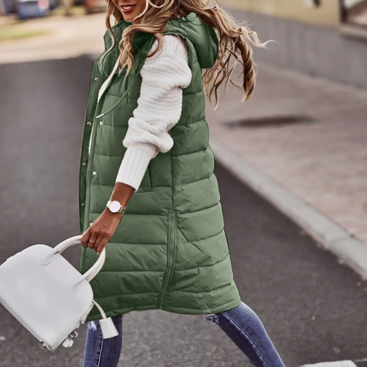 Womens Long Winter Coat Vest with Hood Trendy Sleeveless Button Zipper Puffer Jacket 2024 Fashion Daily Quilted Coats