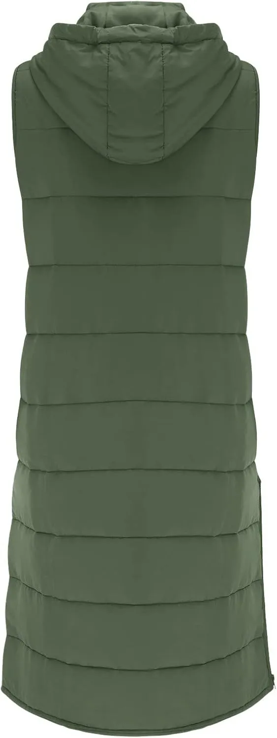 Womens Long Winter Coat Vest with Hood Trendy Sleeveless Button Zipper Puffer Jacket 2024 Fashion Daily Quilted Coats
