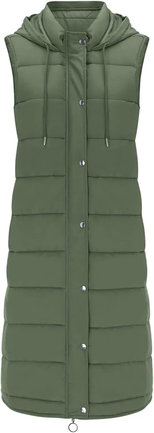 Womens Long Winter Coat Vest with Hood Trendy Sleeveless Button Zipper Puffer Jacket 2024 Fashion Daily Quilted Coats